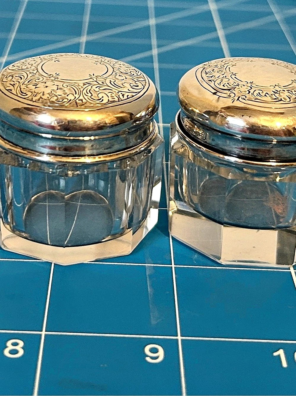 Pair Clear & Gold Glass Jars with Engraved Sterling Silver Lids
